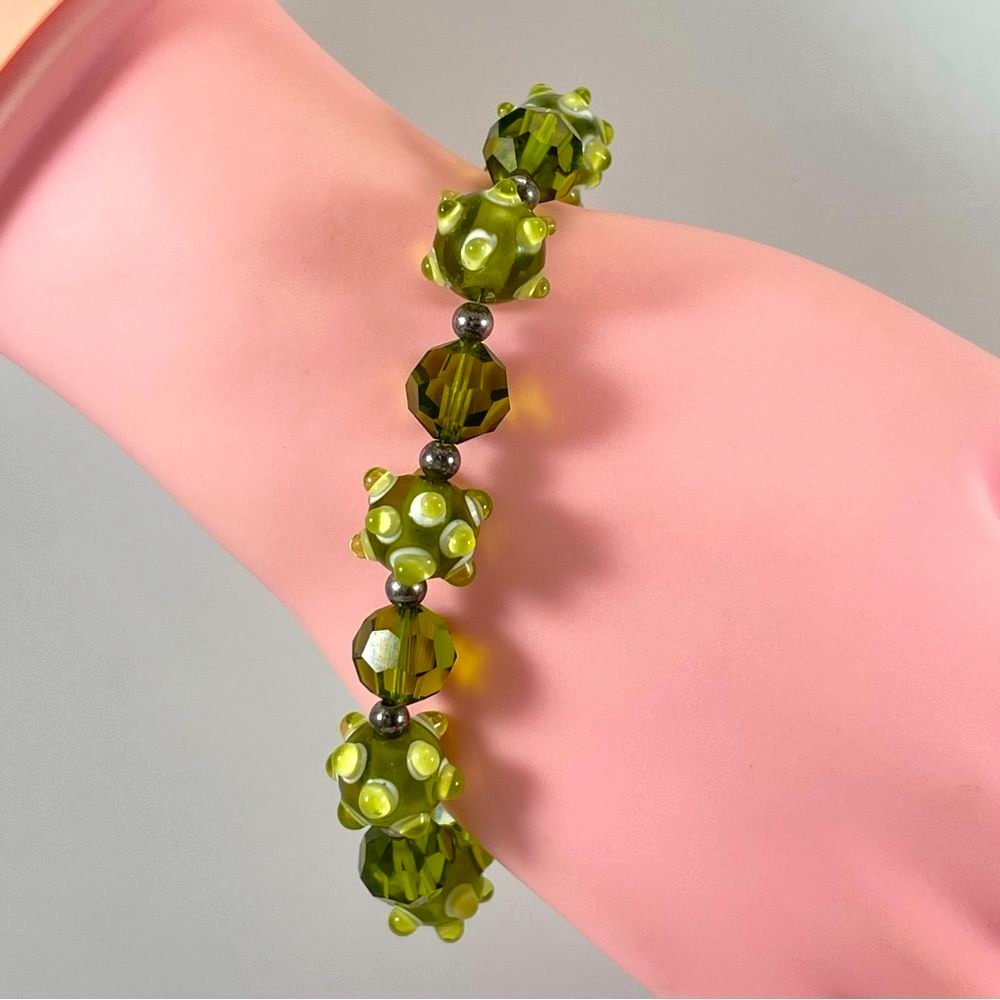 Green Lampwork Glass Beaded Boho Bracelet Chunky Statement Toggle Clasp Funky